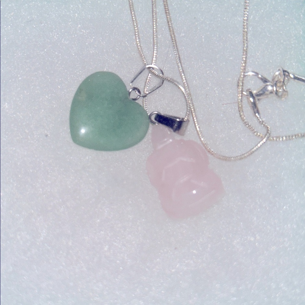 Jade Heart ❤️ & Rose Quartz turtle 🐢 sterling silver 24” necklace